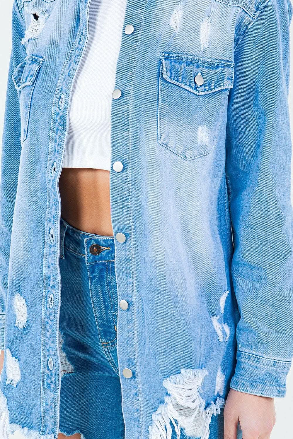 American Bazi Frayed Hem Distressed Denim Shirt Jacket - Love Salve